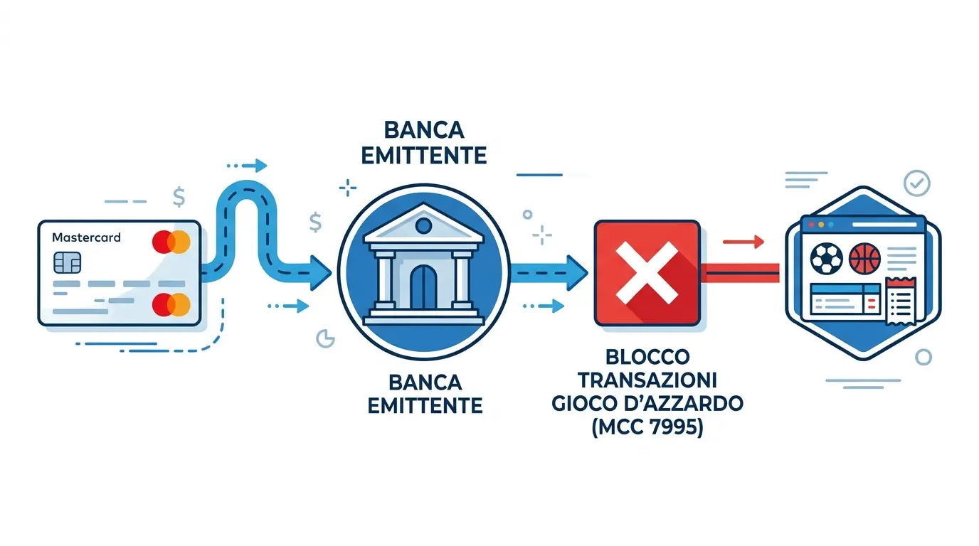 Schema del codice MCC 7995 gambling che causa il blocco di Mastercard sui siti scommesse ADM italiani