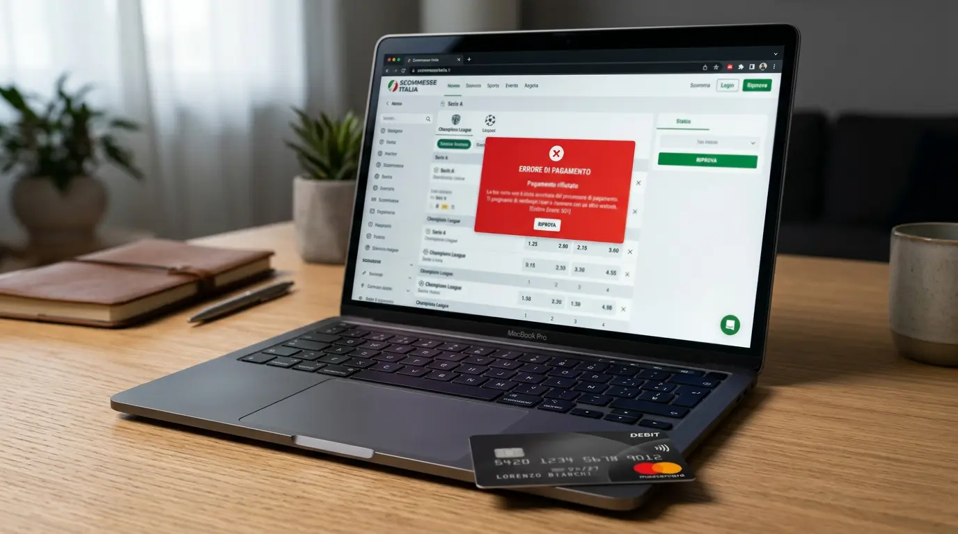 Schermata di errore pagamento Mastercard su sito scommesse ADM con messaggio di rifiuto transazione