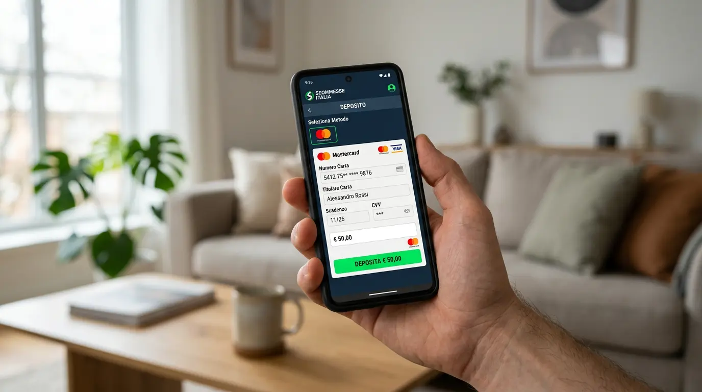 Deposito con Mastercard sull'app di un bookmaker ADM su smartphone Android nel 2026