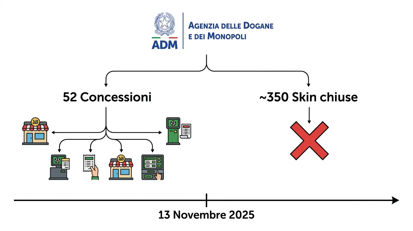 Schema della riforma ADM novembre 2025 con 52 nuove concessioni e chiusura delle skin bookmaker in Italia