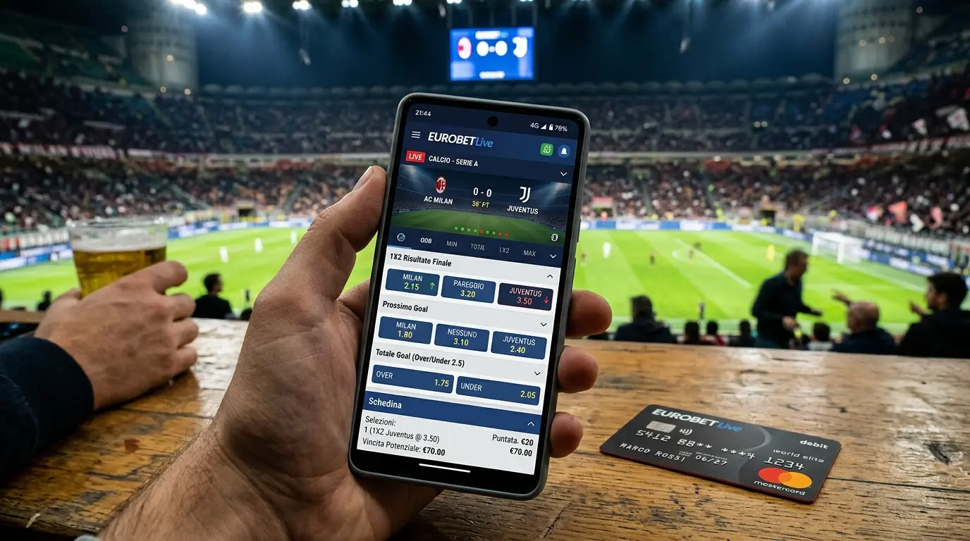 Schermata di scommessa live su bookmaker ADM con deposito Mastercard in tempo reale durante una partita